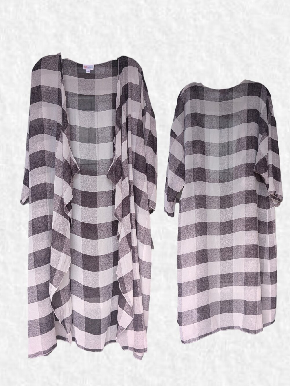 Lularoe NEW Women's Fit L-2x: Black & White Buffalo Check Open Front Kimono - Picture 2 of 6